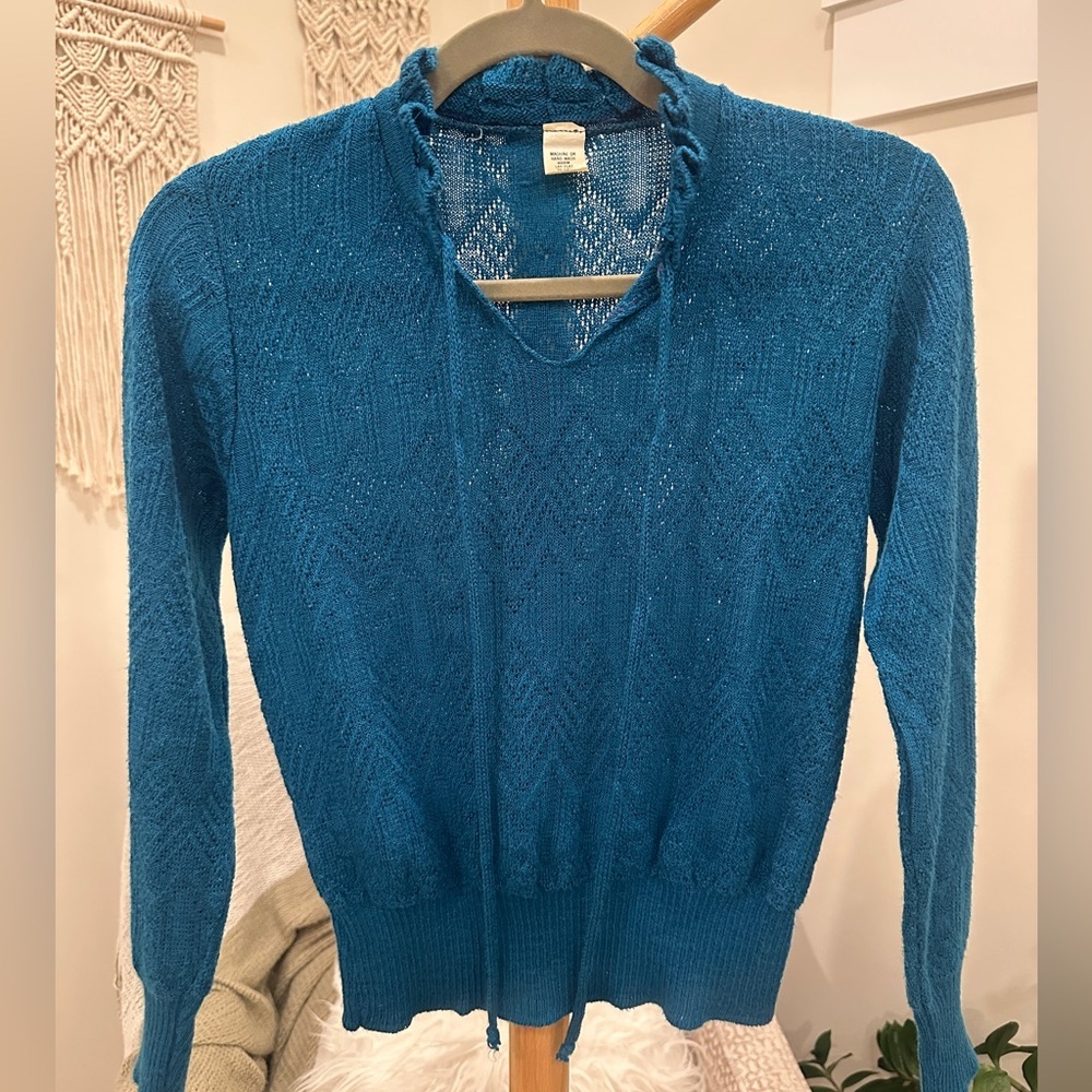 Teal Blue Knit Tie Neck Sweater | Lightweight Vintage Style | Small Fit